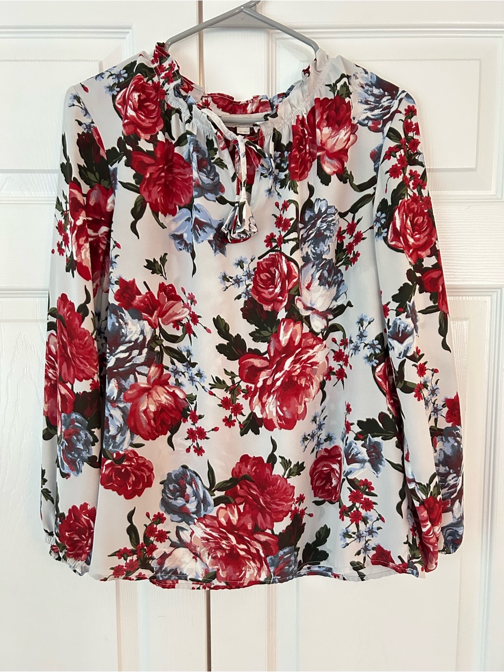 NWOT LOFT Women’s Red Flower Print Lace Up Ruffle Tunic Blouse Shirt Size PM